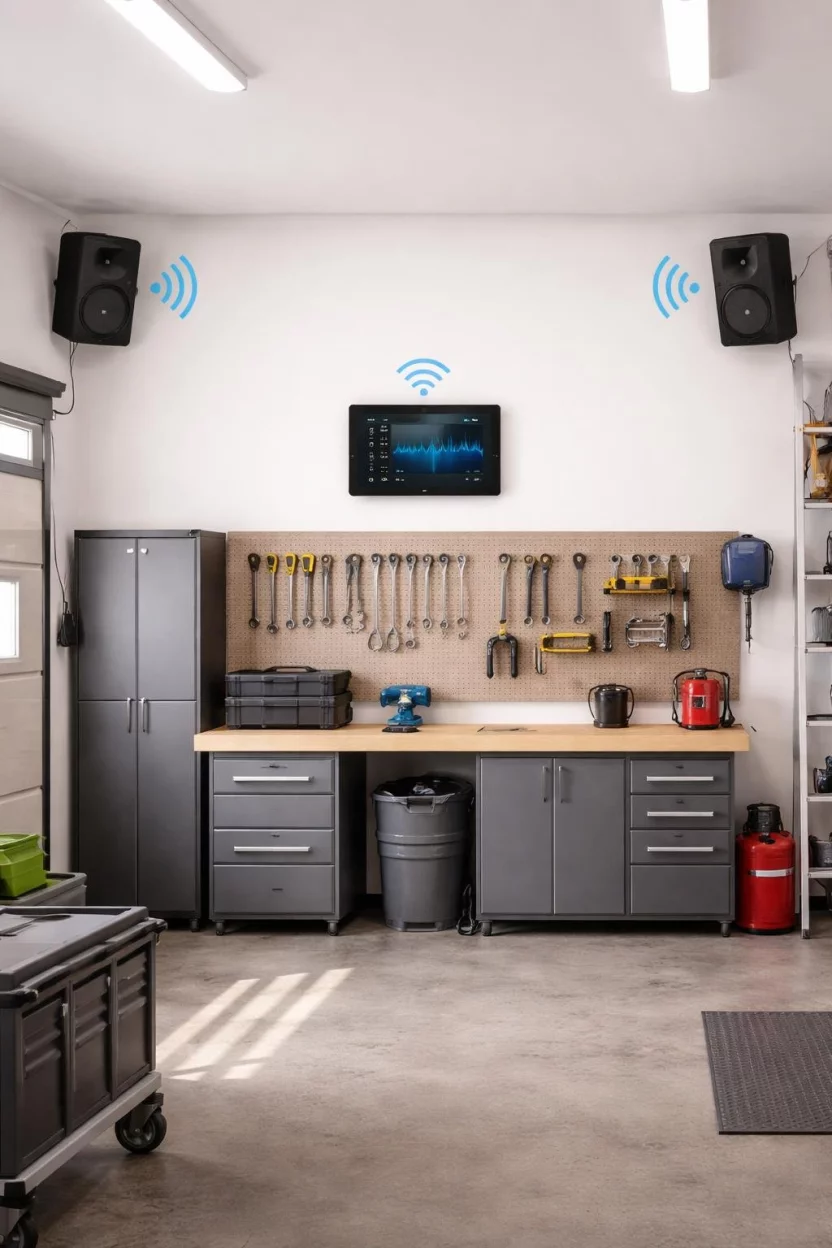 A realistic photo of a garage interior with black bluetooth speakers mounted in the upper corners of the room, wirelessly connected to a wall mounted tablet used for controlling music in a clean workshop.