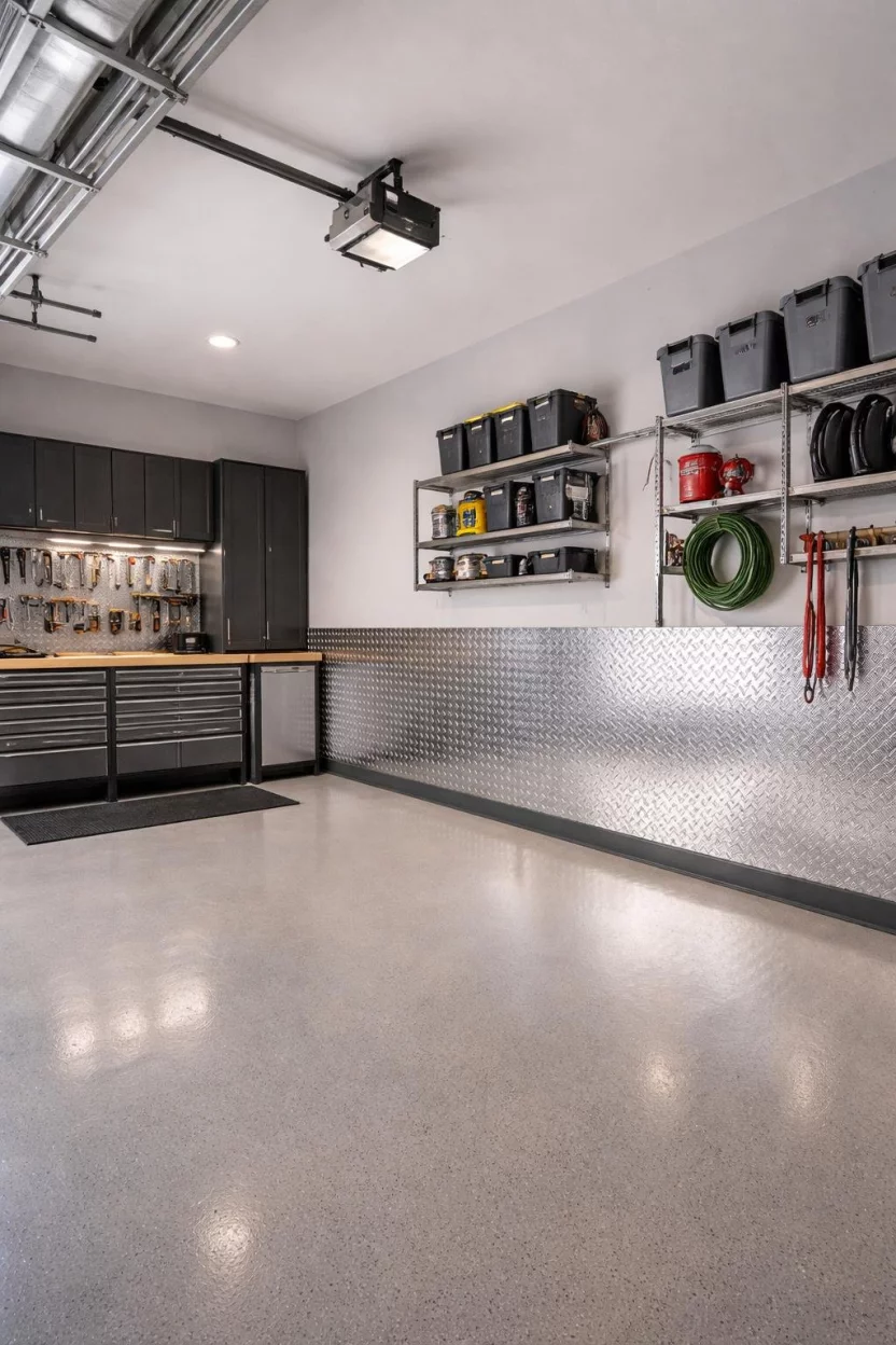 A realistic photo of a garage interior featuring shiny silver aluminum diamond plate wainscoting on the lower half of the walls, protecting the surface from dents and adding an industrial aesthetic to the space.