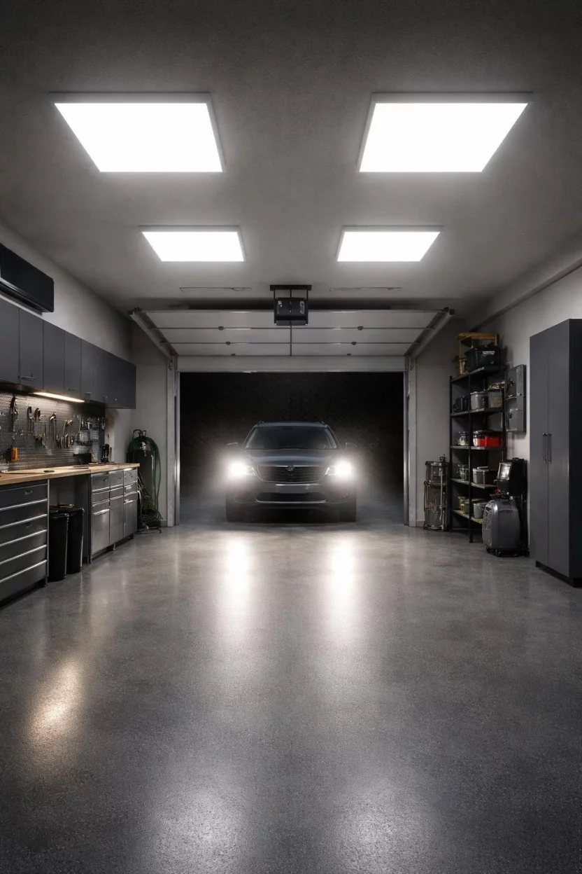 A realistic photo of a garage interior with large white rectangular led panel lights on the ceiling that have just turned on, illuminating a dark space instantly as a car enters the doorway.