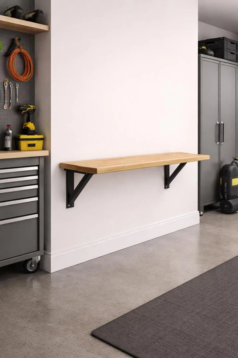 A realistic photo of a garage interior featuring a wooden fold down wall desk that is currently collapsed against a white wall to save floor space, with black folding brackets.