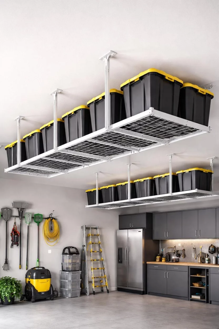 A realistic photo of a garage interior displaying white industrial steel overhead storage racks mounted to the ceiling, filled with large black plastic storage bins with yellow lids to keep seasonal items organized and out of the way.