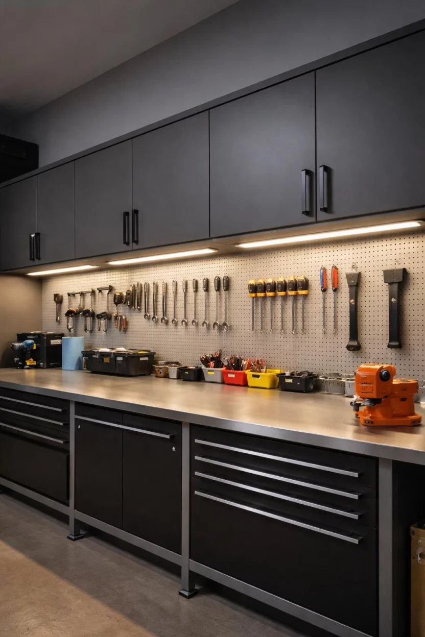 A realistic photo of a garage interior featuring thin warm white led light strips installed under the upper cabinets, illuminating a workbench with a soft and even glow.