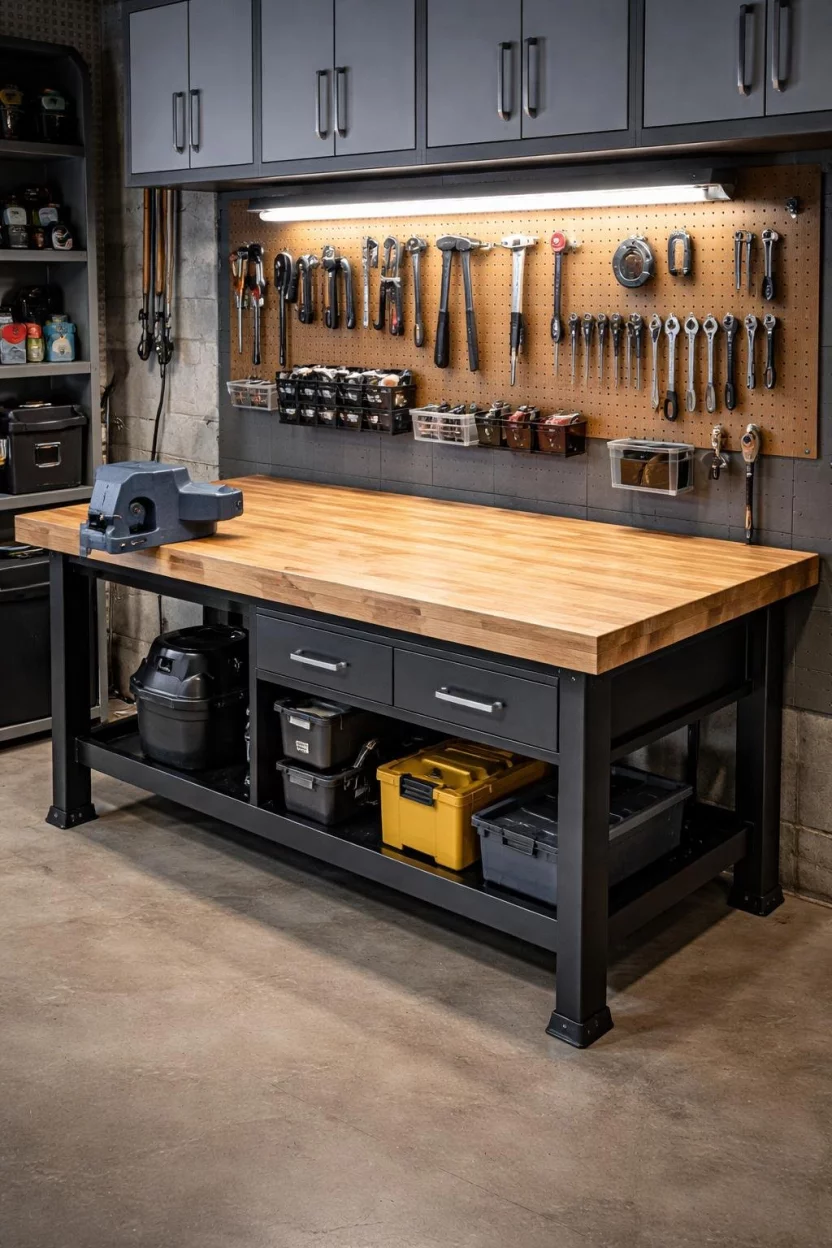 A realistic photo of a garage interior showing a sturdy solid wood butcher block workbench with a heavy duty black steel frame, featuring a large metal vice attached to the corner and bright linear task lighting mounted directly above the work surface.