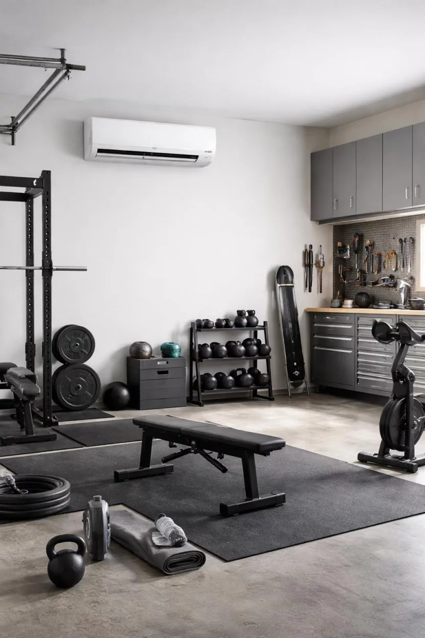 A realistic photo of a garage interior with a sleek white ductless mini split air conditioner mounted high on a light grey wall, providing a comfortable temperature for a modern and clean home gym setup.