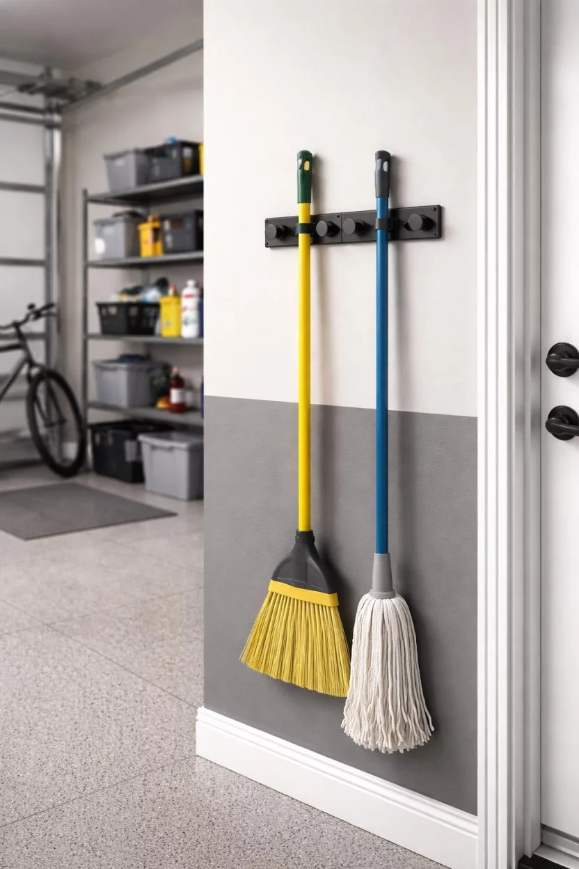 A realistic photo of a garage interior with a black wall mounted clip holder gripping a broom and a mop neatly against a side wall near the door.
