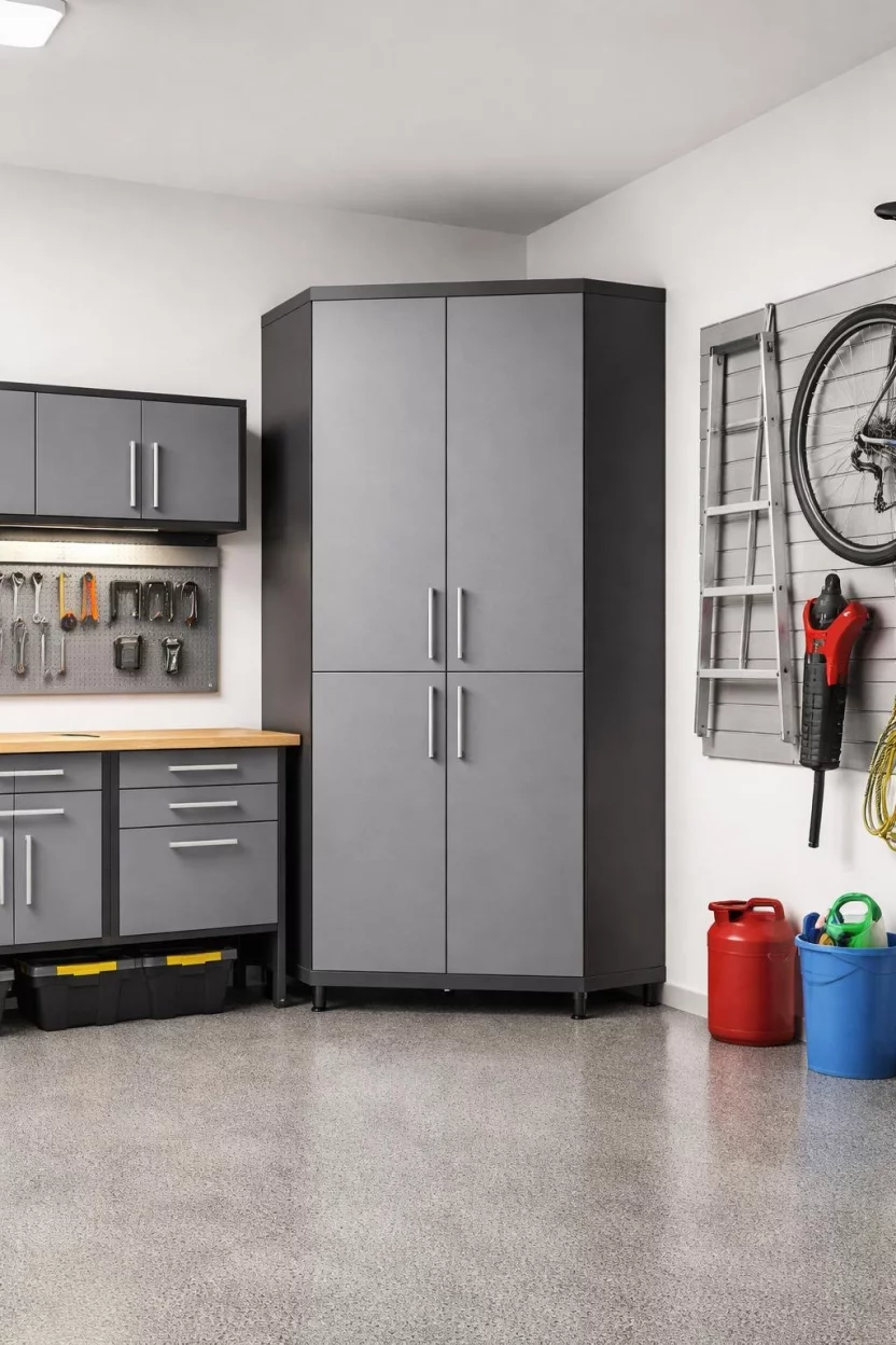 A realistic photo of a garage interior featuring a tall grey corner storage cabinet that fits perfectly into the 90 degree angle of the walls to utilize every inch of space.