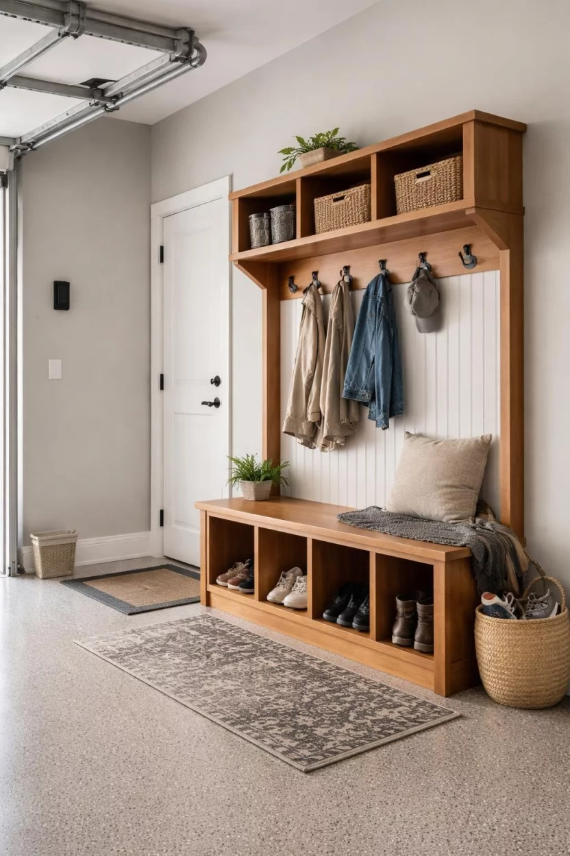 A realistic photo of a garage interior featuring a built in wooden entryway bench with black metal coat hooks and cubbies for shoes located next to the door leading into the house.