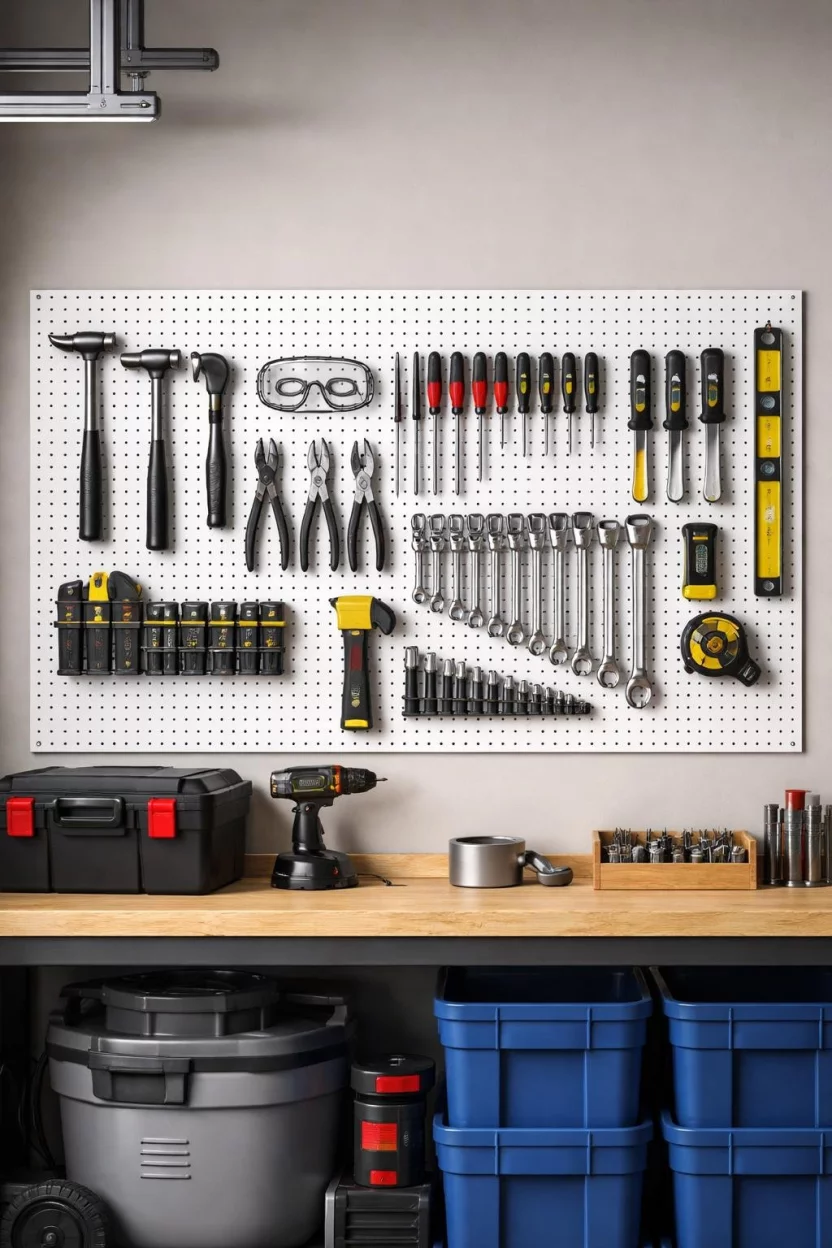 A realistic photo of a garage interior with a large white metal pegboard mounted on the wall, holding various hand tools organized by size with black outlines painted around each tool.