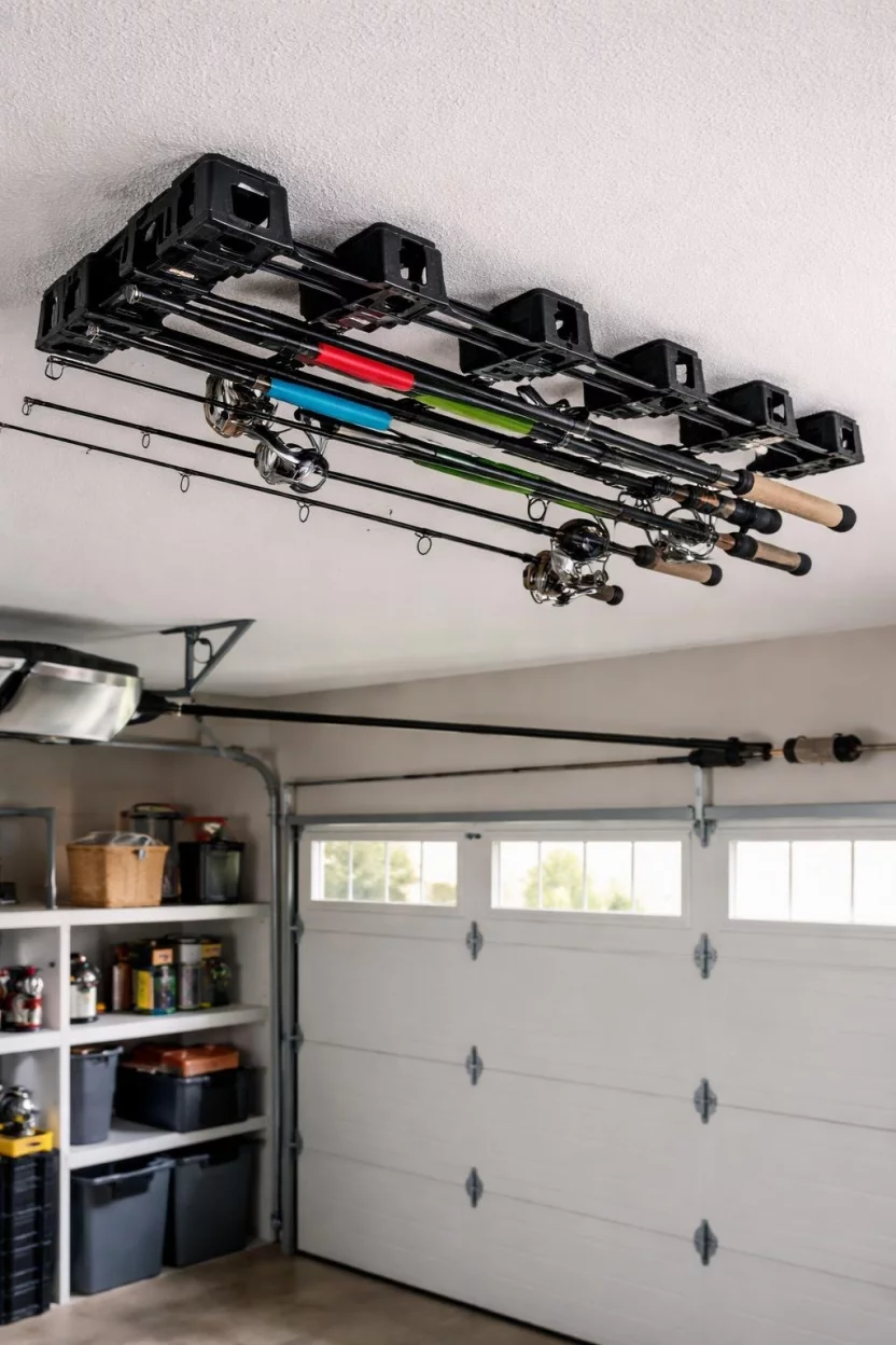 A realistic photo of a garage interior with a specialized black plastic fishing rod rack mounted to the ceiling, holding several multi colored fishing poles safely and horizontally.