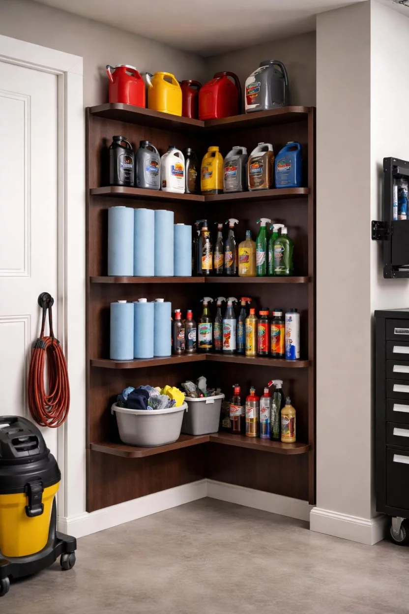 A realistic photo of a garage corner with custom fit dark wood corner shelves spanning from floor to ceiling, holding tucked away items like motor oil jugs, car wax bottles, and rolls of shop towels.