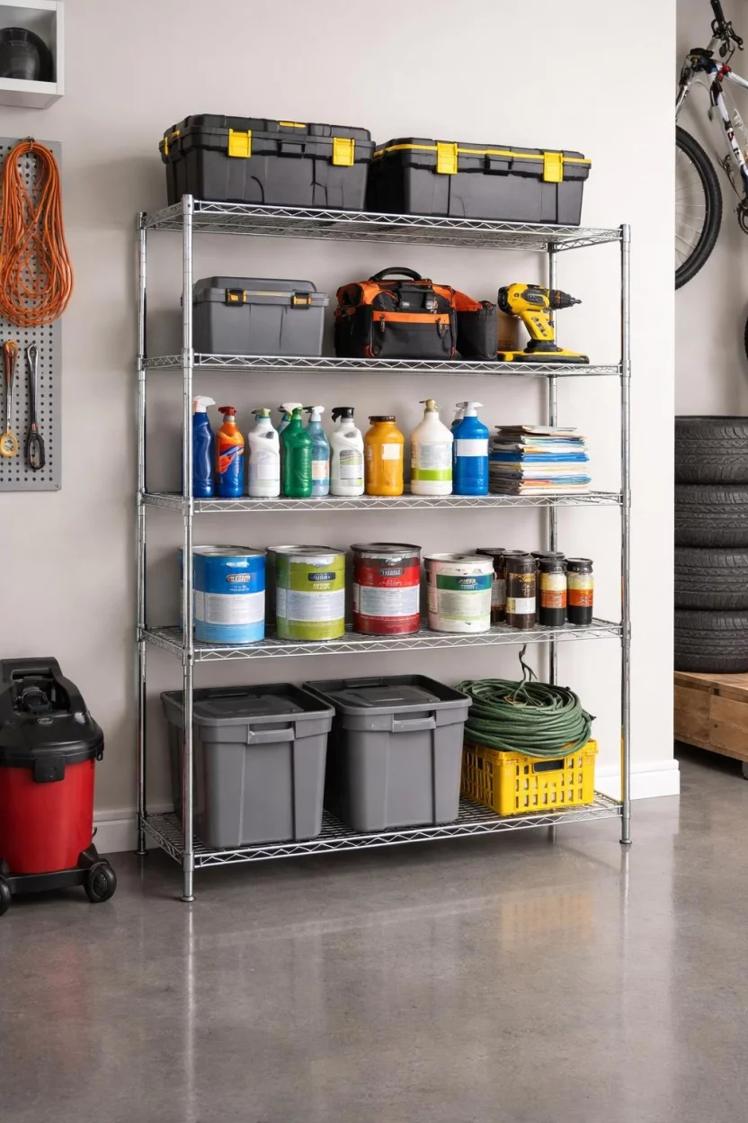 A realistic photo of a garage featuring a tall five tier chrome wire shelving unit standing against a wall, loaded with organized tool boxes, cleaning supplies, and paint cans on a clean polished surface.
