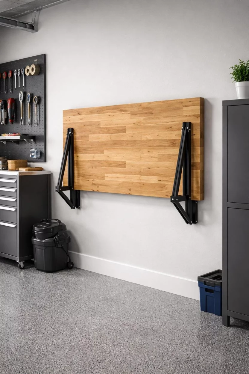 A realistic photo of a garage wall featuring a sturdy natural wood folding workbench mounted on heavy duty black metal hinges, shown in the upright position against the wall to save space on the grey epoxy floor.