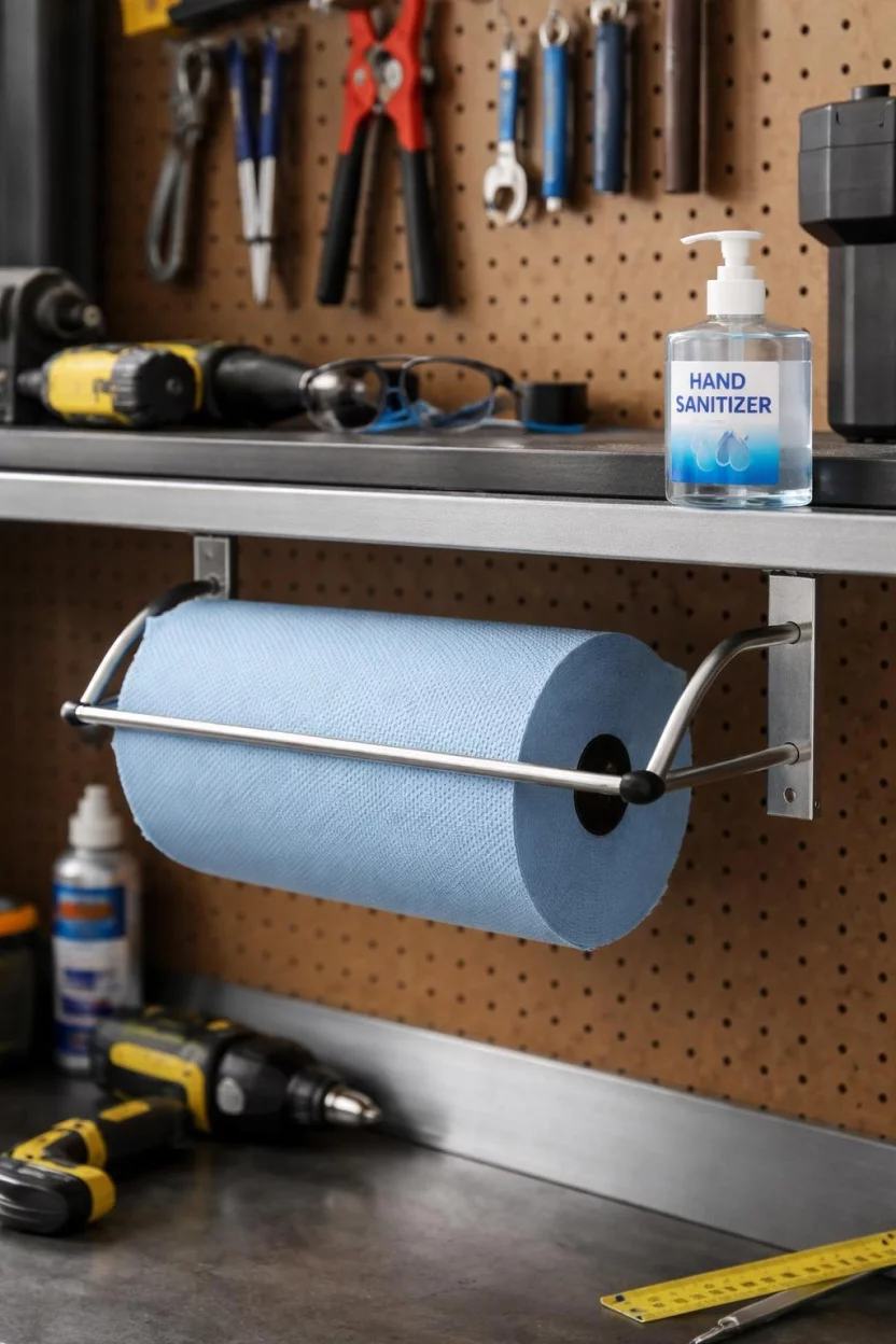 A realistic photo of a garage workshop wall with a silver metal paper towel holder mounted under a shelf, holding a large roll of blue heavy duty shop towels next to a bottle of hand sanitizer.