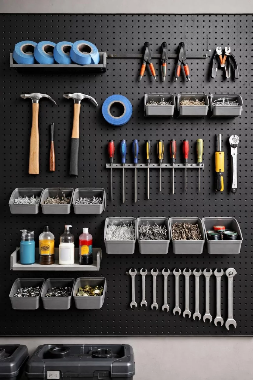 A realistic photo of a garage wall covered in a large matte black metal pegboard, featuring various silver hooks and small plastic bins holding assorted hardware, hammers, and rolls of blue painters tape in a highly organized arrangement.