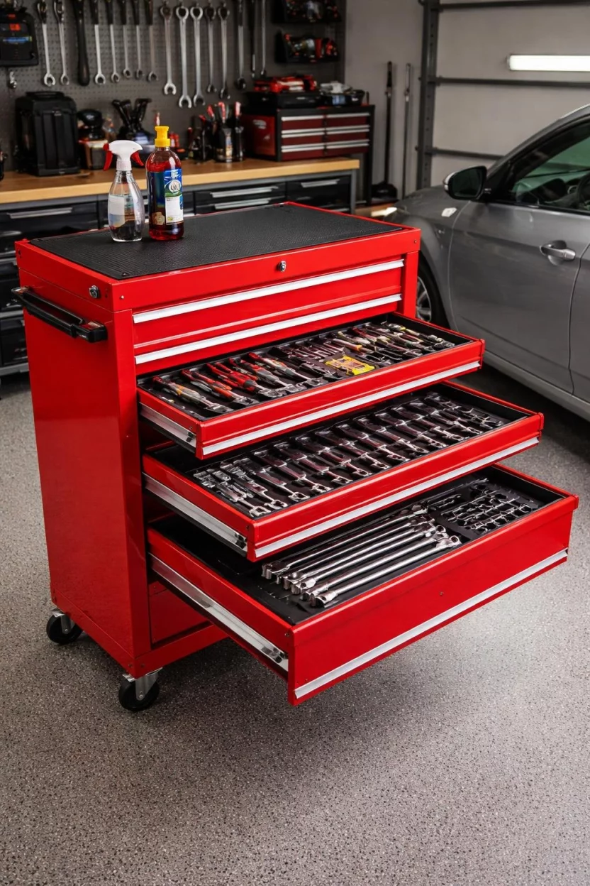A realistic photo of a garage featuring a bright red metal rolling tool chest with multiple drawers and a black rubber mat on top, sitting next to a car with various tools neatly arranged inside the open drawers.