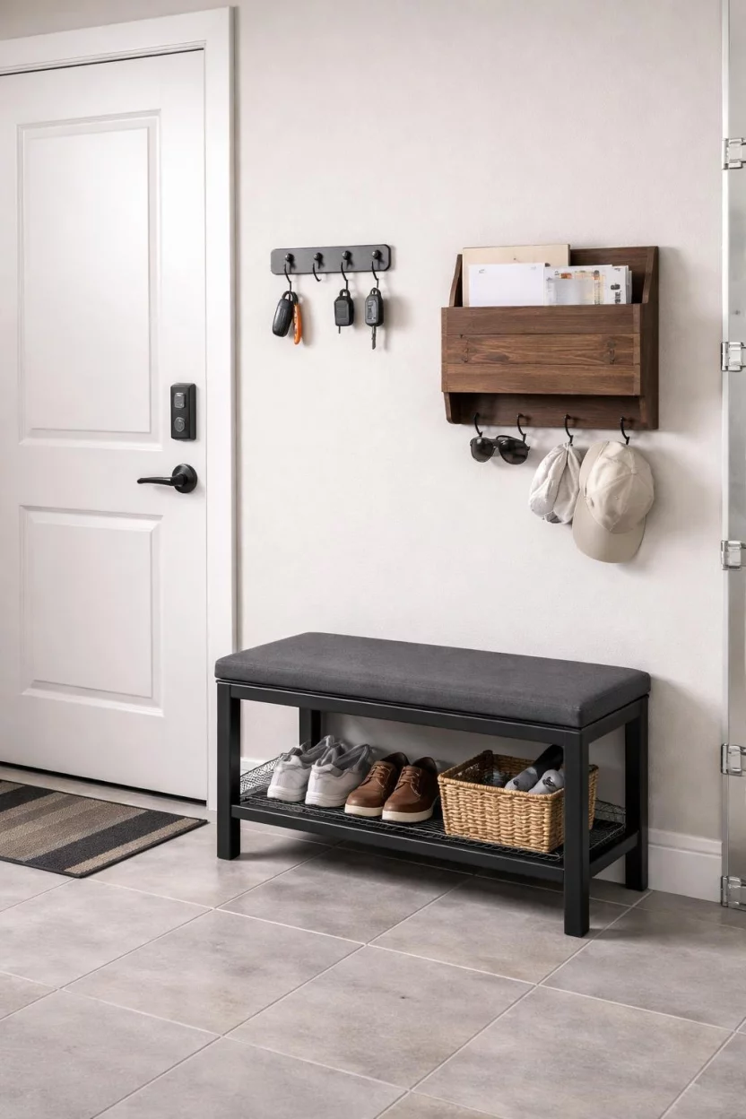 A realistic photo of a garage wall next to the entry door featuring small black hooks for car keys, a wooden mail organizer, and a small black bench for putting on shoes.
