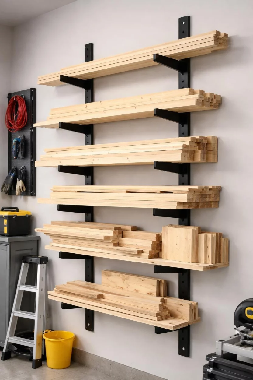 A realistic photo of a garage wall featuring a black metal vertical lumber rack with several horizontal arms holding various lengths of light brown pine boards and plywood scraps.