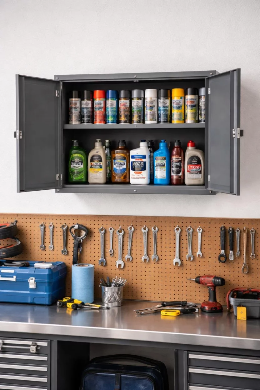 A realistic photo of a garage wall with a two door grey metal lockable cabinet mounted above a workbench, with the doors open to reveal neatly stacked spray paint cans and automotive fluids.