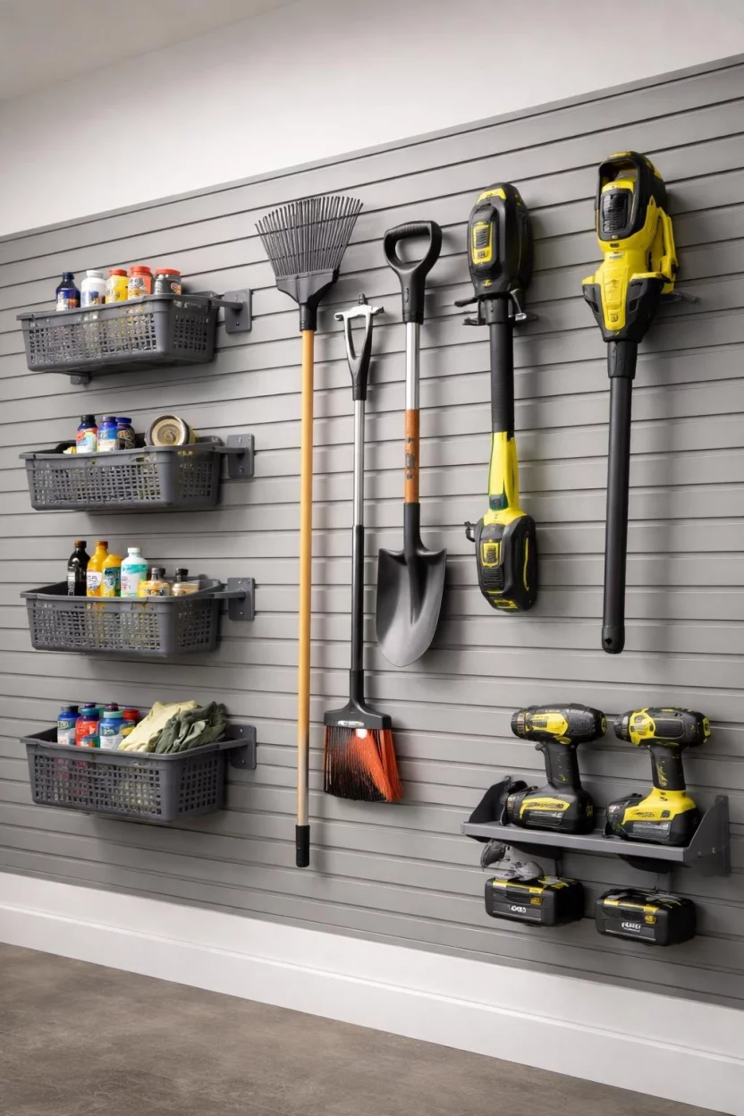 A realistic photo of a garage wall covered in horizontal grey PVC slatwall panels, featuring various attached grey plastic baskets, long handled tool hooks, and a small specialized shelf for cordless drill chargers.