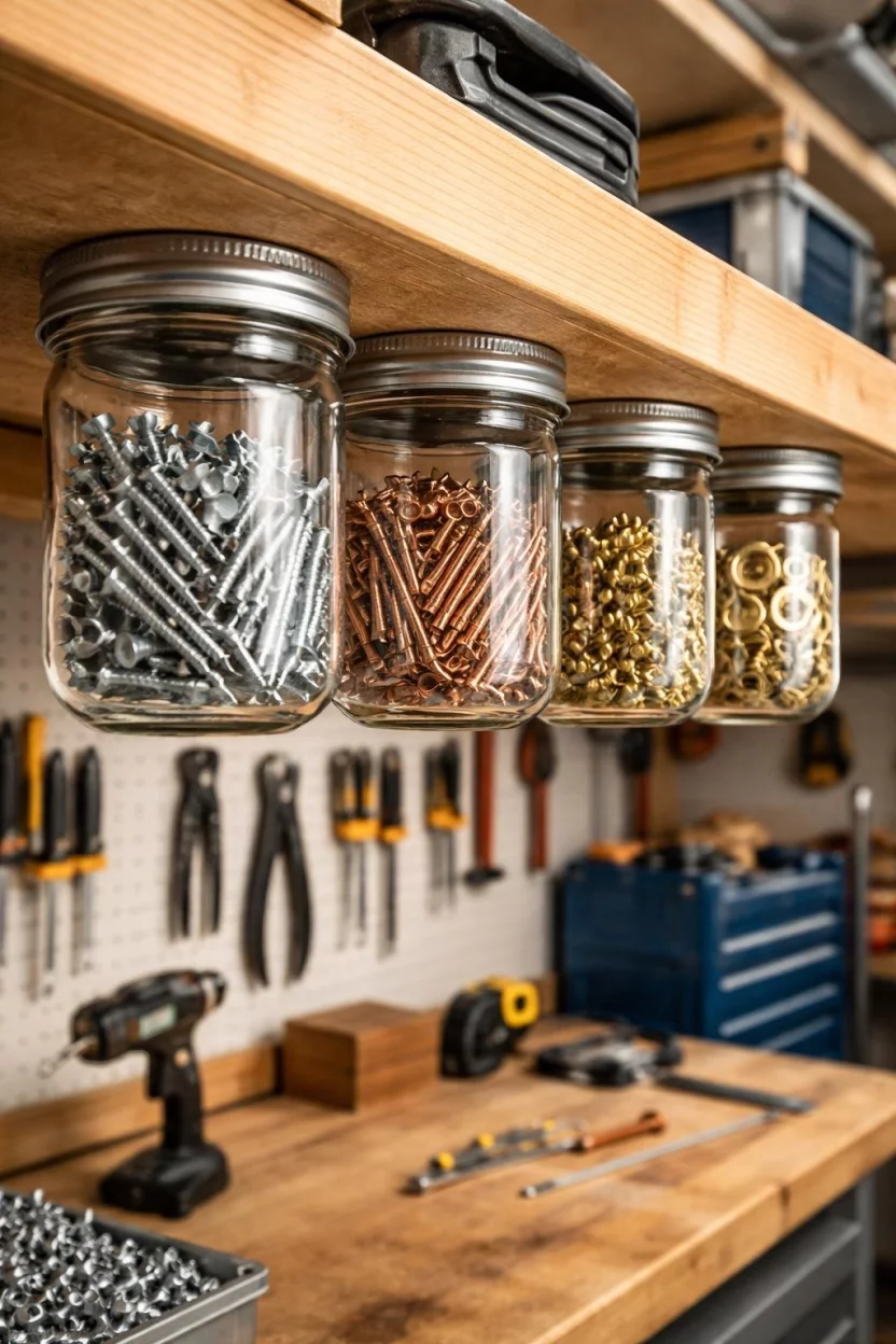 A realistic photo of a garage workshop showing the underside of a wooden shelf with several silver metal jar lids screwed into it, holding clear glass jars filled with various silver screws, copper nails, and gold washers.