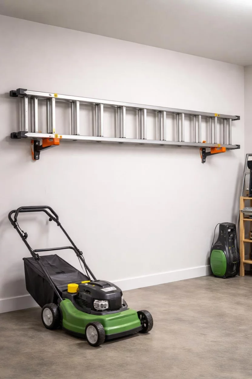 A realistic photo of a garage wall with a large silver aluminum extension ladder hanging horizontally on two heavy duty orange padded wall brackets, positioned high above a lawnmower.