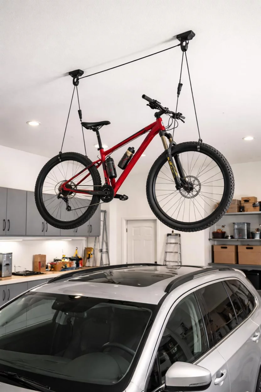 A realistic photo of a garage ceiling with a black rope pulley system lifting a red mountain bike high into the air, keeping it level and away from the car parked below.