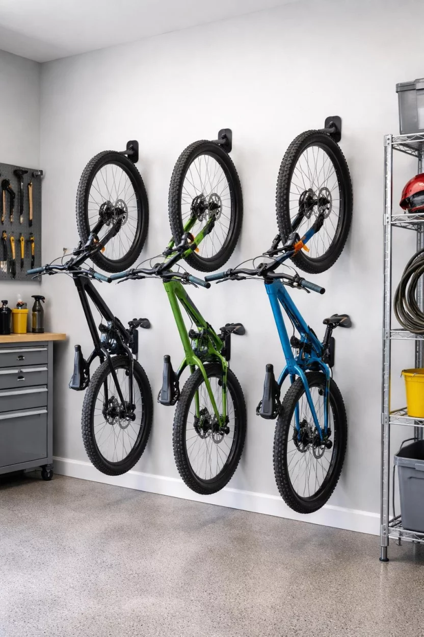 A realistic photo of a garage wall with three mountain bikes hanging vertically by their front tires on heavy duty black rubber coated hooks, positioned neatly side by side to maximize floor space.