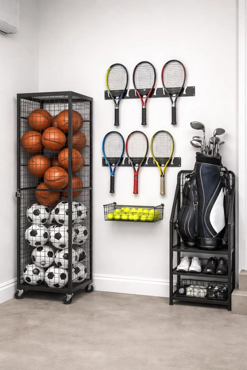 A realistic photo of a garage corner with a tall black wire mesh sports ball locker holding basketballs and soccer balls, alongside several adjustable wall cradles holding colorful tennis rackets and a black metal vertical golf bag organizer.