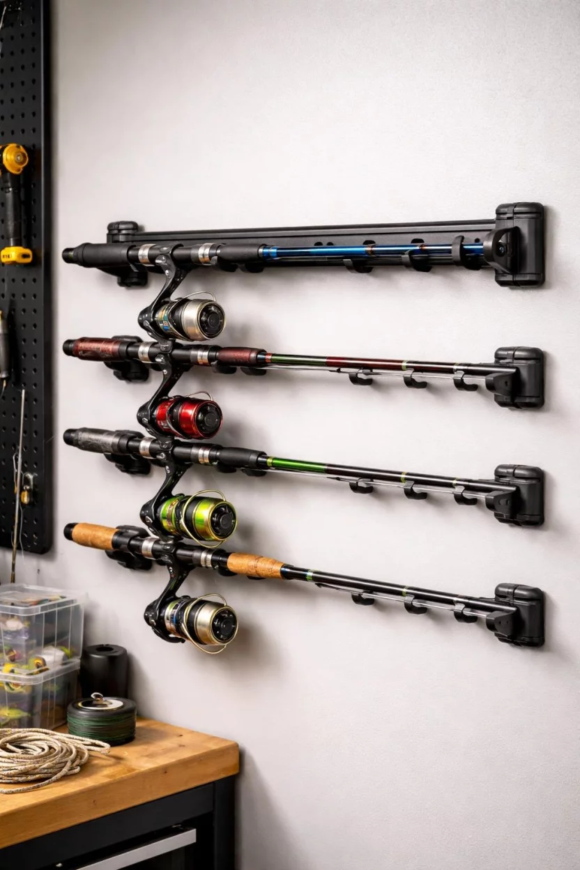 A realistic photo of a garage wall with a horizontal black plastic fishing rod rack holding four colorful fishing poles with reels attached, keeping them neatly spaced and protected.