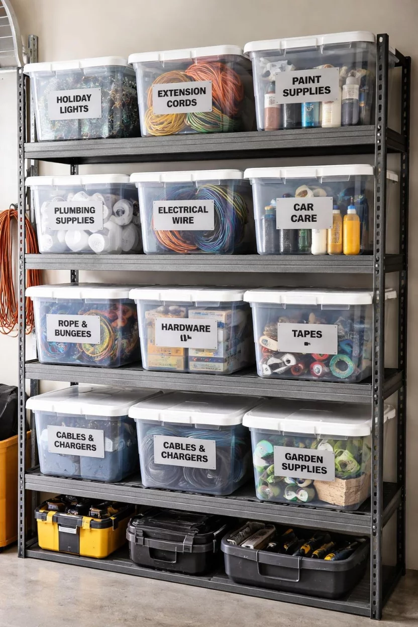 A realistic photo of a garage shelf unit filled with large clear plastic storage tubs featuring white snap on lids and large black printed labels, revealing organized contents like plumbing supplies and electrical wires inside.