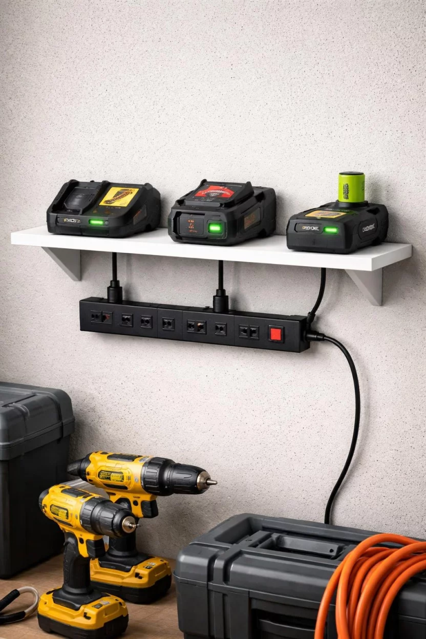 A realistic photo of a garage wall with a small white shelf holding three different black power tool battery chargers with glowing green lights, and a small black power strip plugged into the wall.