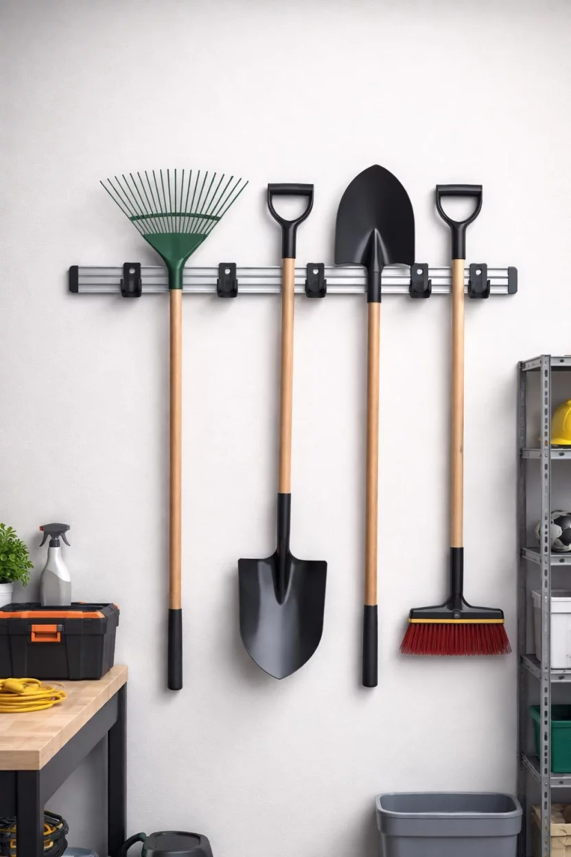 A realistic photo of a garage wall with a silver metal horizontal track system holding various black rubber grips for rakes, shovels, and brooms, keeping the long wooden handles perfectly vertical and organized.