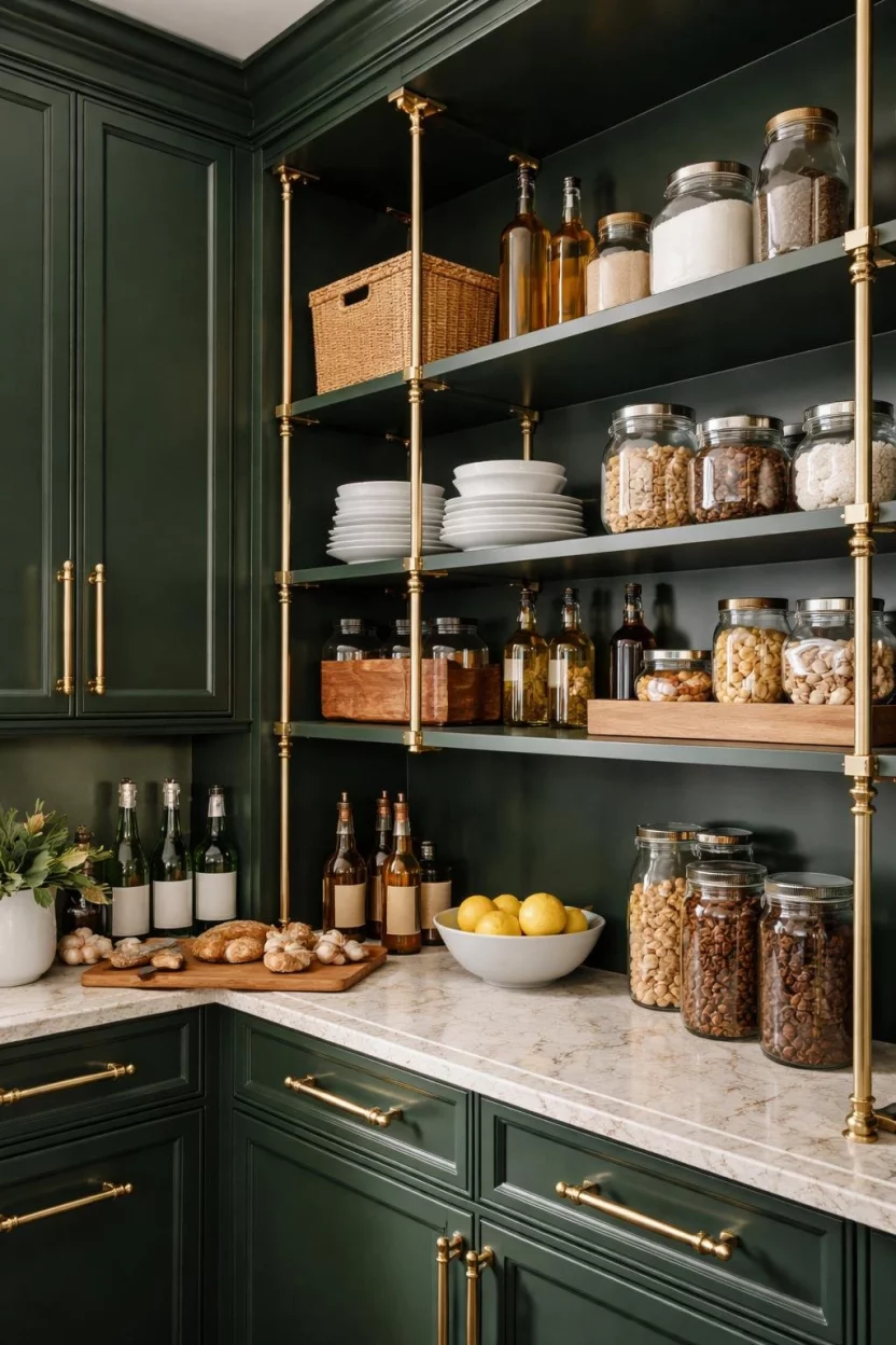 A realistic photo of a kitchen pantry featuring polished brass handles and matching metal shelf supports against a dark green cabinet background for a luxurious and timeless look.