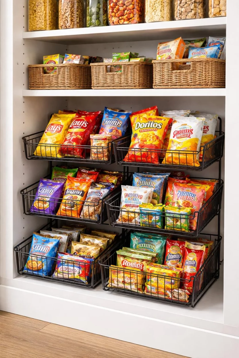 A realistic photo of a kitchen pantry containing stackable black wire baskets filled with colorful bags of chips and snacks, arranged neatly on lower shelves for easy access by children and guests.