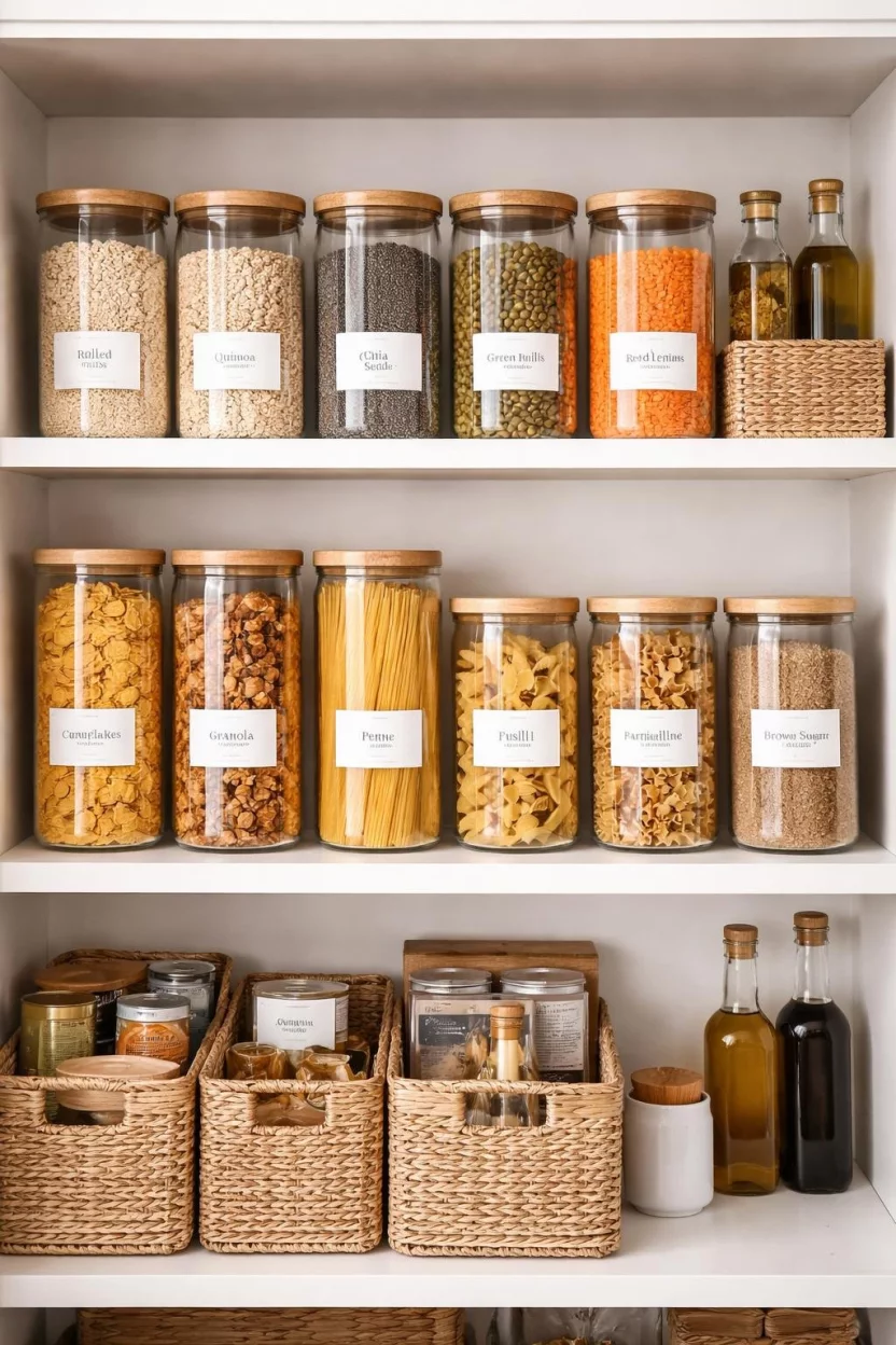 A realistic photo of a kitchen pantry with rows of uniform glass containers topped with bamboo lids, filled with colorful lentils, pastas, and cereals, each sporting a minimalist white label for a clean aesthetic.