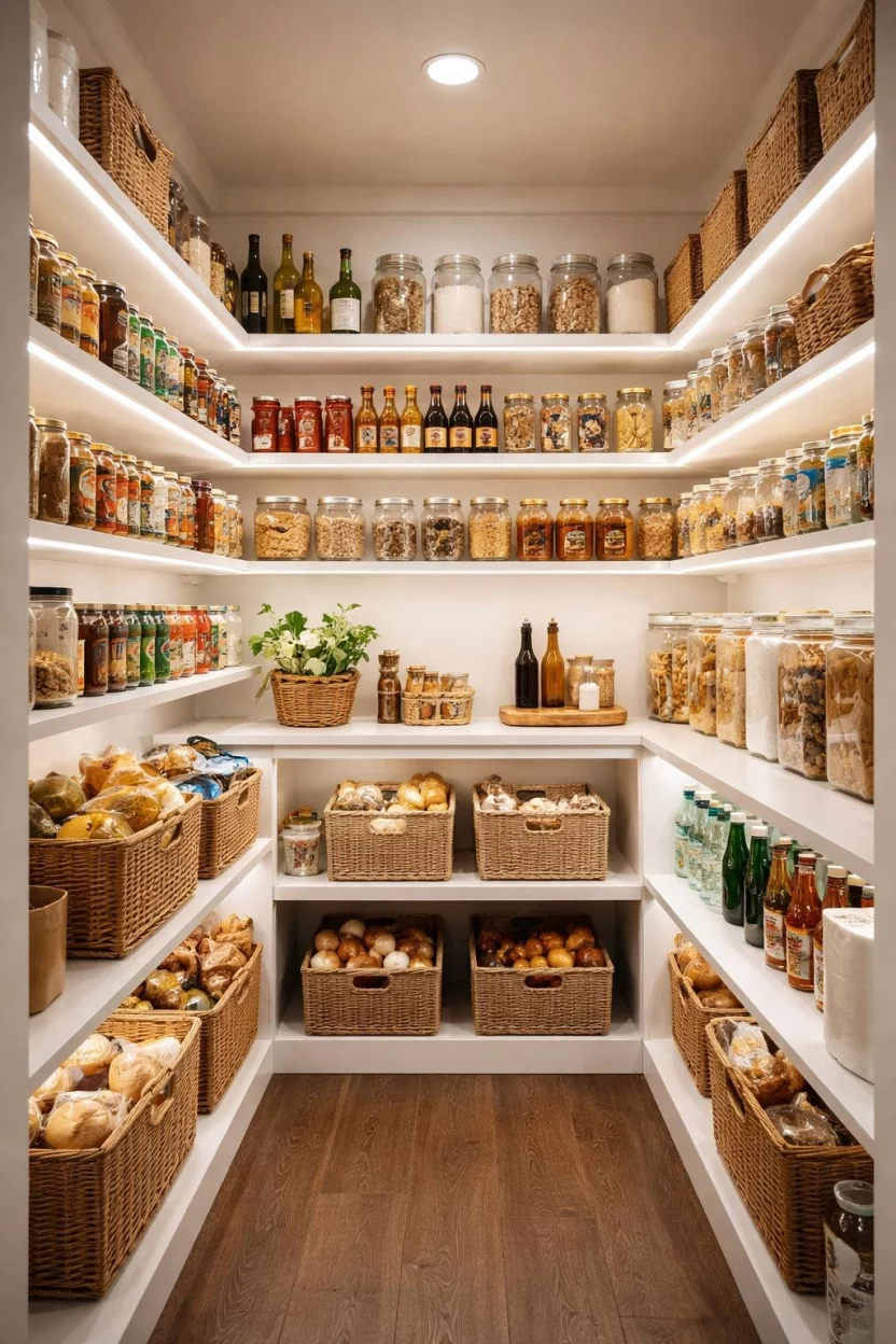 A realistic photo of a kitchen pantry with bright LED strip lighting under every shelf, illuminating the entire space and making every item easy to find in the dark.