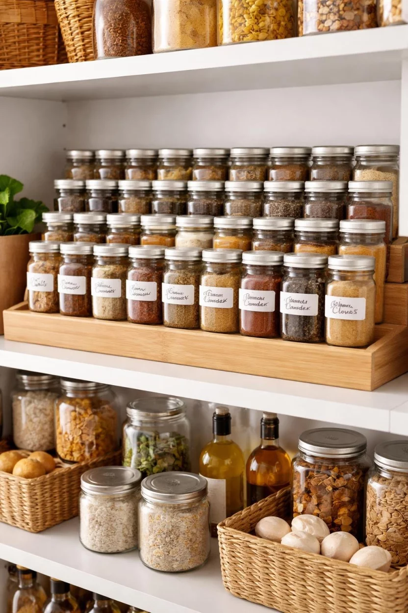 A realistic photo of a kitchen pantry with a tiered wooden spice riser holding dozens of identical glass jars with handwritten labels, located at eye level for quick identification during cooking.