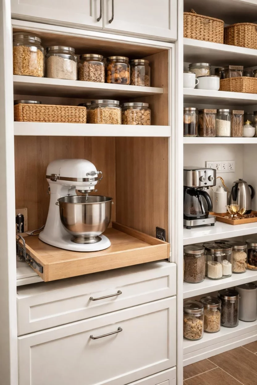 A realistic photo of a kitchen pantry with a dedicated appliance garage featuring a roll-out shelf for a heavy stand mixer and a coffee station with built-in electrical outlets.