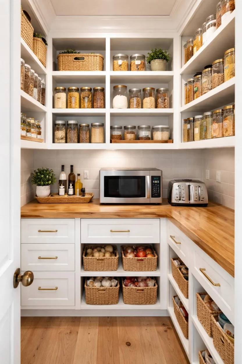 A realistic photo of a kitchen pantry with a small built-in butcher block countertop, a microwave, and a toaster, creating a secondary prep station away from the main kitchen.