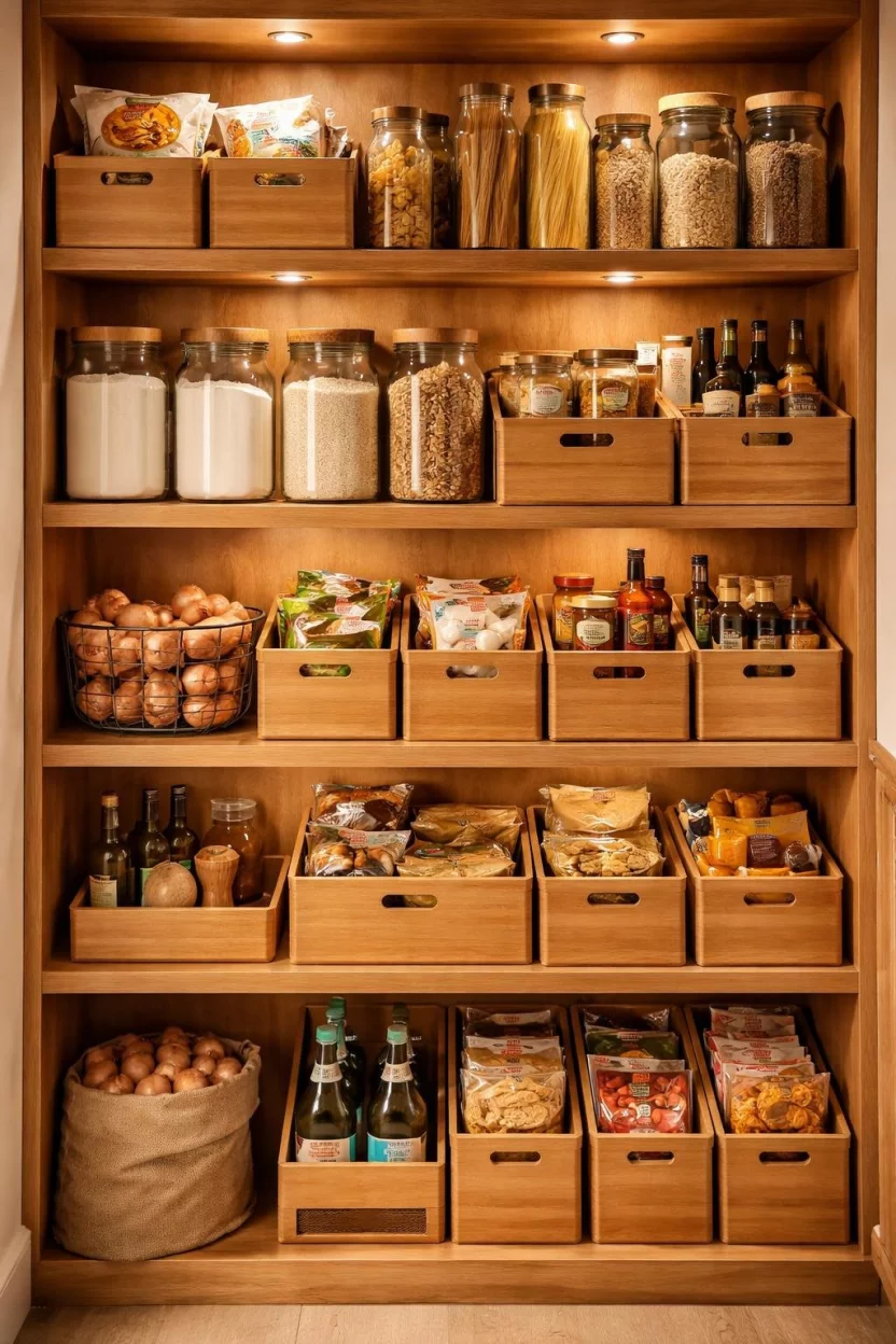 A realistic photo of a kitchen pantry featuring warm oak shelving and matching bamboo storage bins, creating an organic and inviting atmosphere with soft warm lighting.
