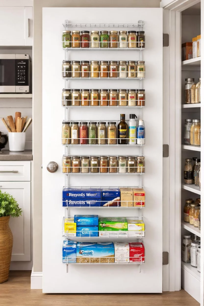 A realistic photo of a kitchen pantry door with a white metal rack-style organizer holding dozens of small spice jars and boxes of aluminum foil, maximizing vertical space in a small kitchen.
