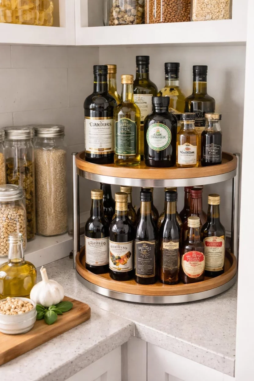 A realistic photo of a kitchen pantry corner featuring a two-tier rotating wooden lazy Susan stocked with various glass bottles of olive oil, balsamic vinegar, and specialty sauces in a well-lit kitchen.