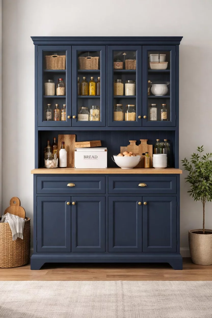 A realistic photo of a kitchen pantry in the form of a freestanding vintage-style navy hutch with glass upper doors and solid lower cabinets, standing against a light gray wall.