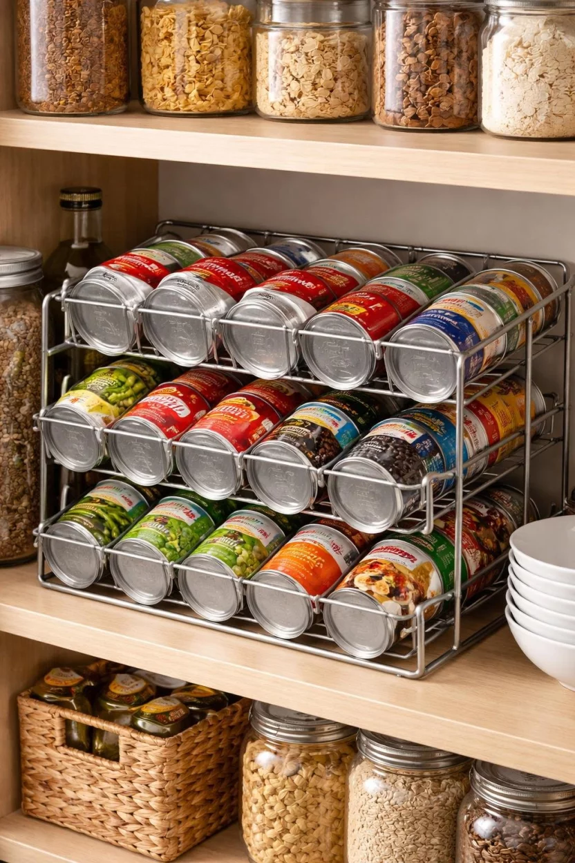 A realistic photo of a kitchen pantry showcasing a gravity-fed metal can dispenser filled with various soups and vegetables, ensuring the oldest cans are used first in a tidy row.