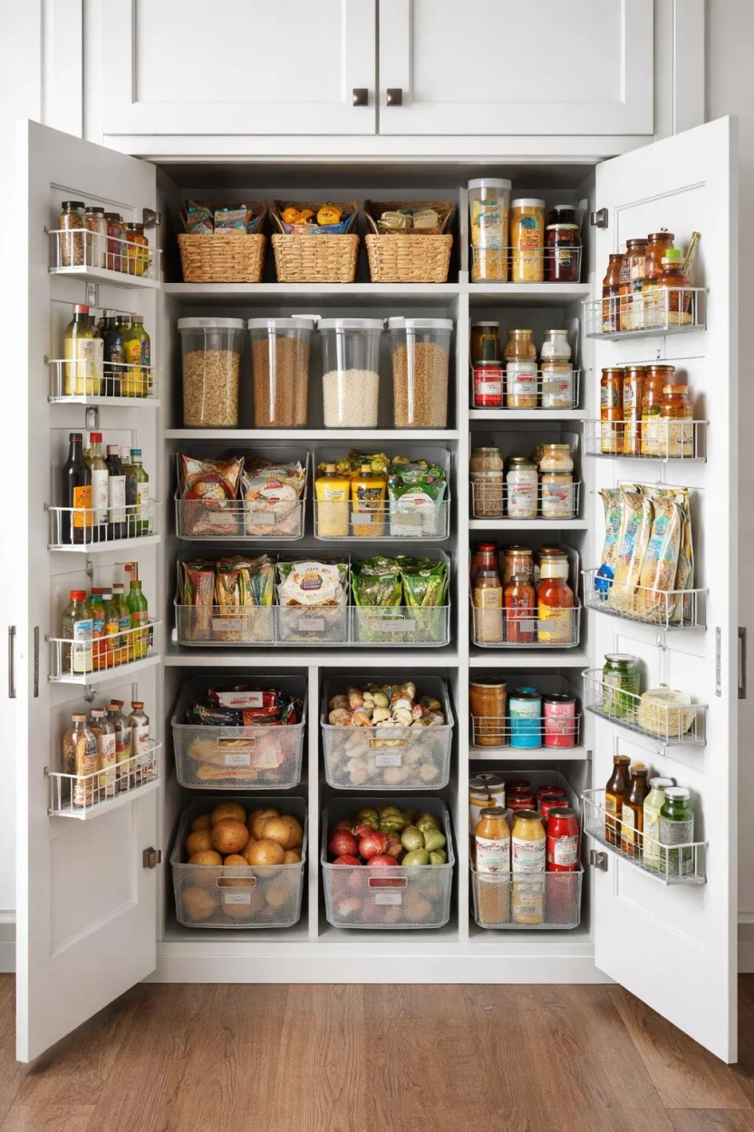 A realistic photo of a small reach-in pantry cabinet that has been maximized with slim vertical organizers, over-the-door racks, and pull-out bins to hold a surprisingly large amount of food.