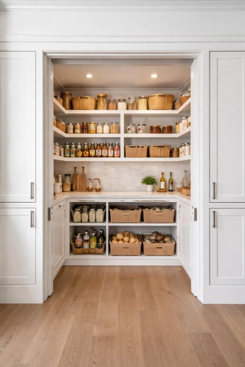A realistic photo of a kitchen pantry with pocket doors that slide back into the walls, revealing a perfectly organized interior with a small marble countertop and white shelving.