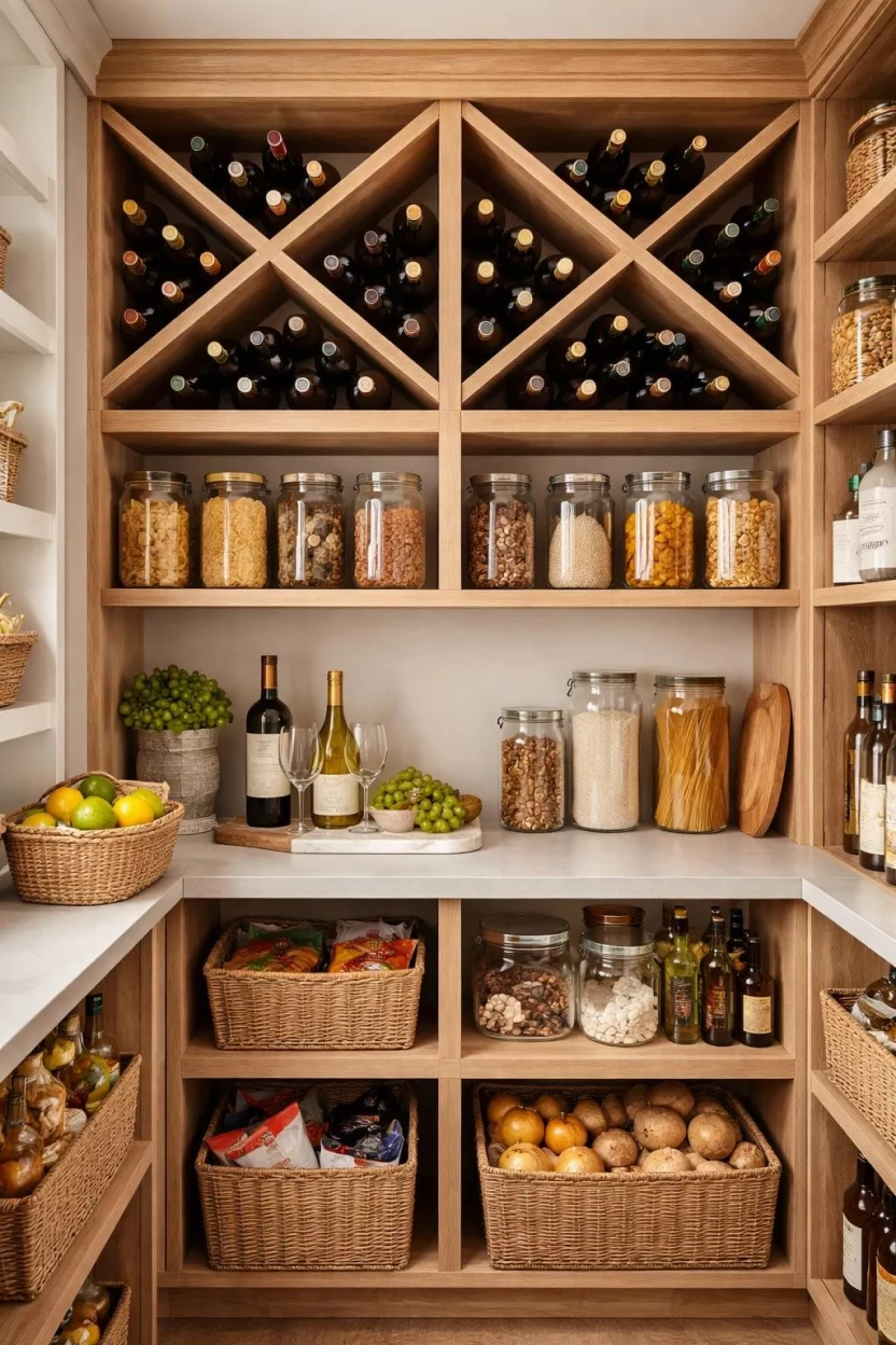 A realistic photo of a kitchen pantry featuring built in wooden crisscross wine racks stocked with various bottles of red and white wine.
