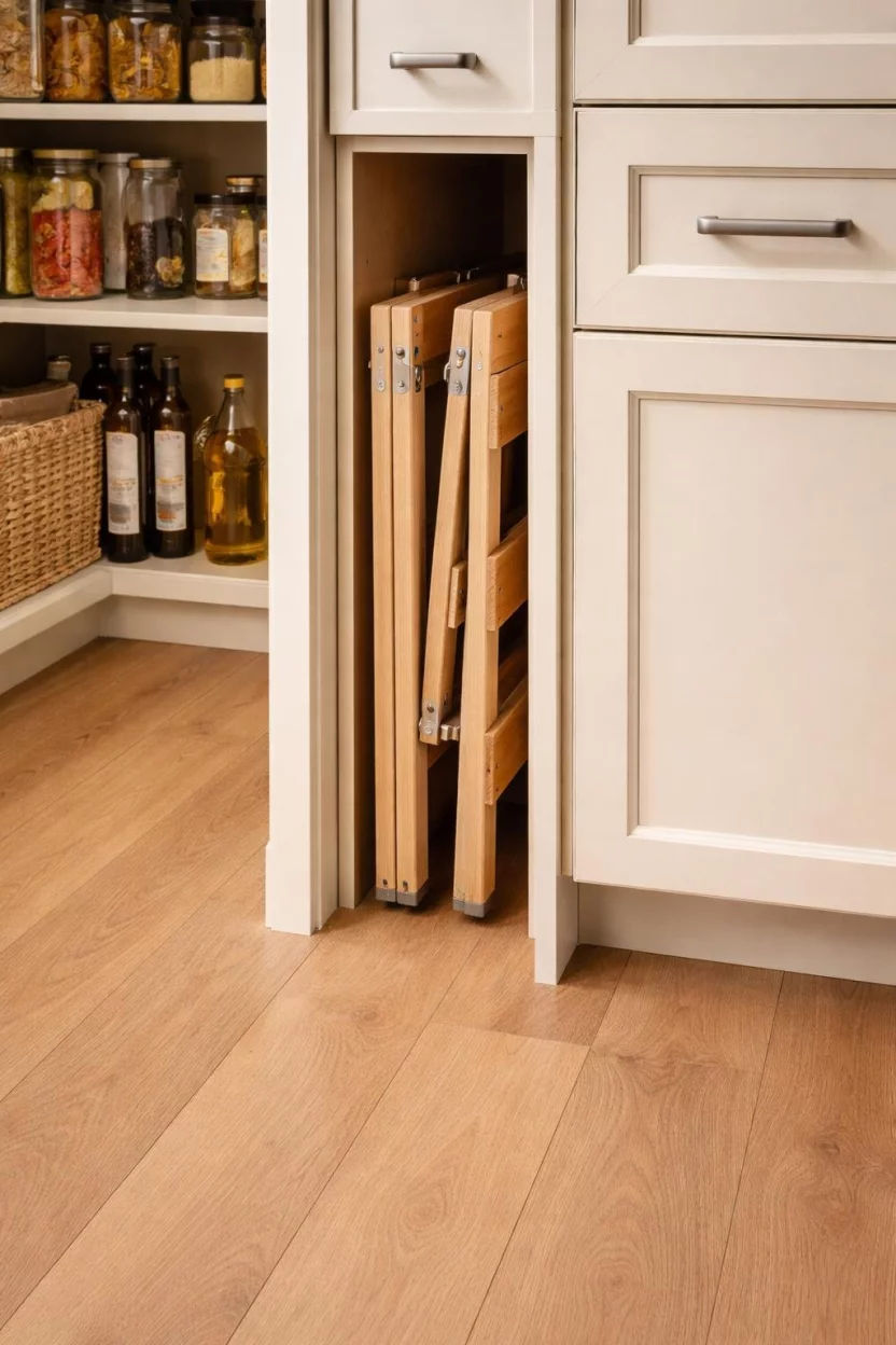 A realistic photo of a kitchen pantry floor with a small wooden folding step stool tucked into a narrow vertical slot between cabinets.