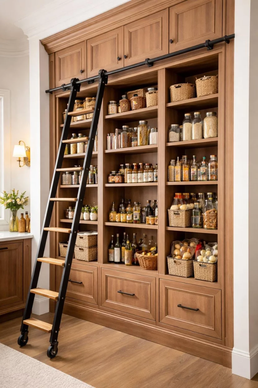A realistic photo of a tall kitchen pantry with a black metal rolling ladder attached to a rail on wooden cabinetry.