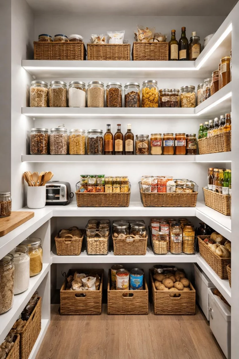 A realistic photo of a kitchen pantry interior illuminated by bright white LED strip lights under the shelves.